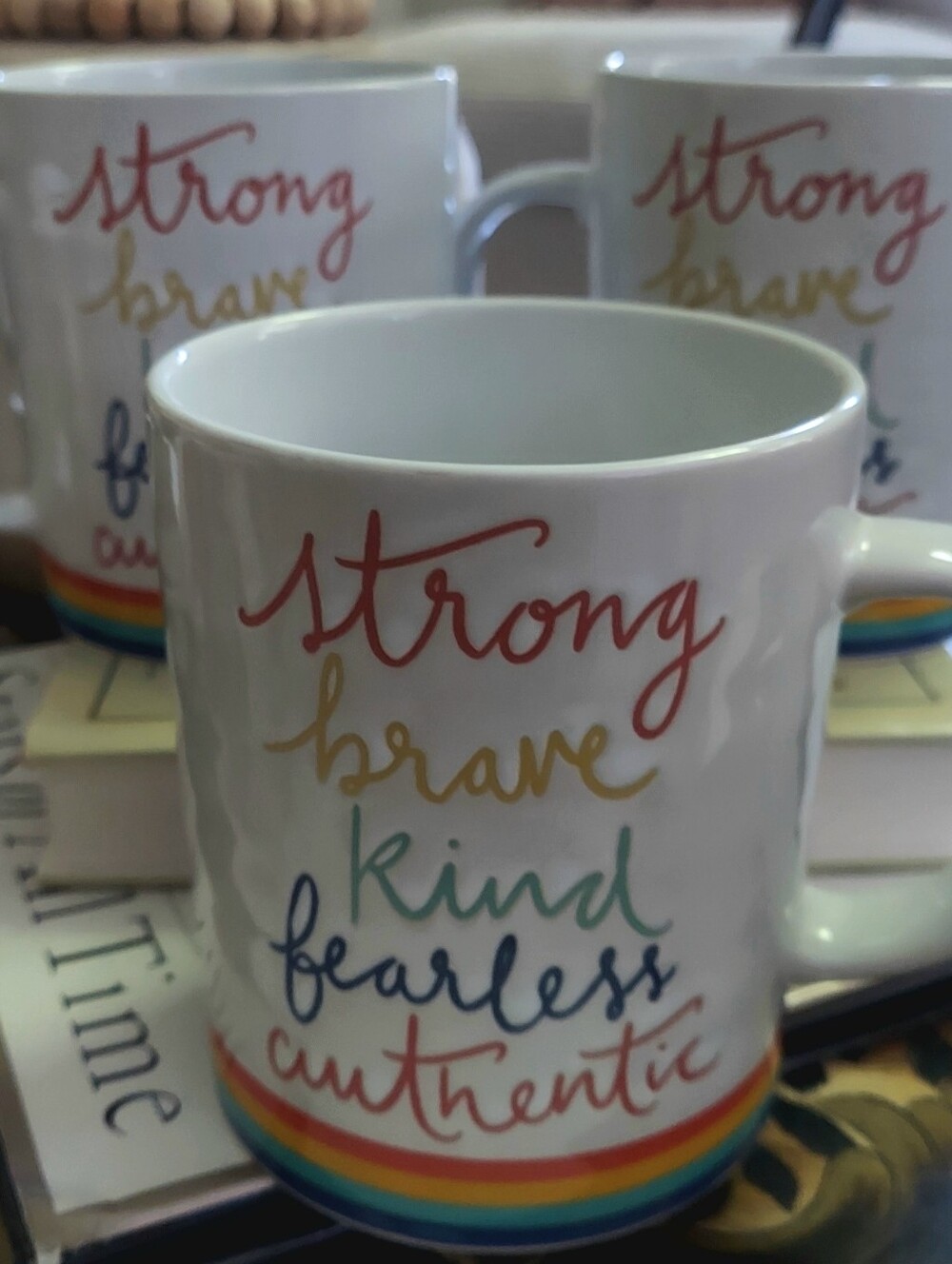 White Rainbow Script Ceramic Mug – Strong Brave Kind Fearless Authentic Set Of 2